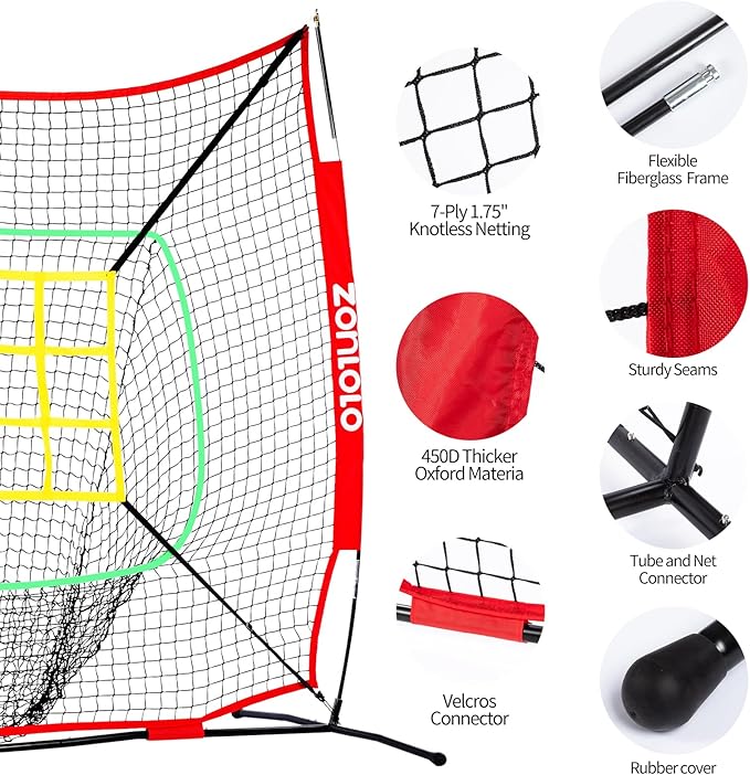 6x6ft Portable Baseball & Softball Net for Hitting,Pitching and Throwing, with Sturdy Bow Frame,Battting Tee,Ball Caddy and 2 Strike Zones, Perfect Pitching net for Kids!