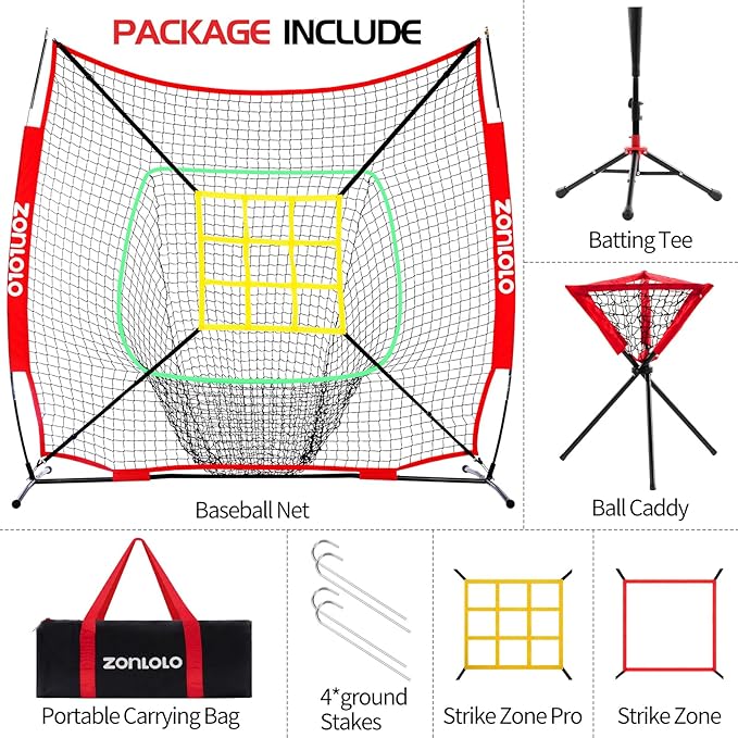 6x6ft Portable Baseball & Softball Net for Hitting,Pitching and Throwing, with Sturdy Bow Frame,Battting Tee,Ball Caddy and 2 Strike Zones, Perfect Pitching net for Kids!