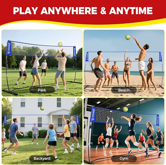 BAGAIL Volleyball Net, 12ft/20ft Portable Volleyball Net for Backyard - Adjustable Height, Heavy-Duty Frame, Freestanding Design - Portable Outdoor/Indoor Volleyball Set with Carry Bag