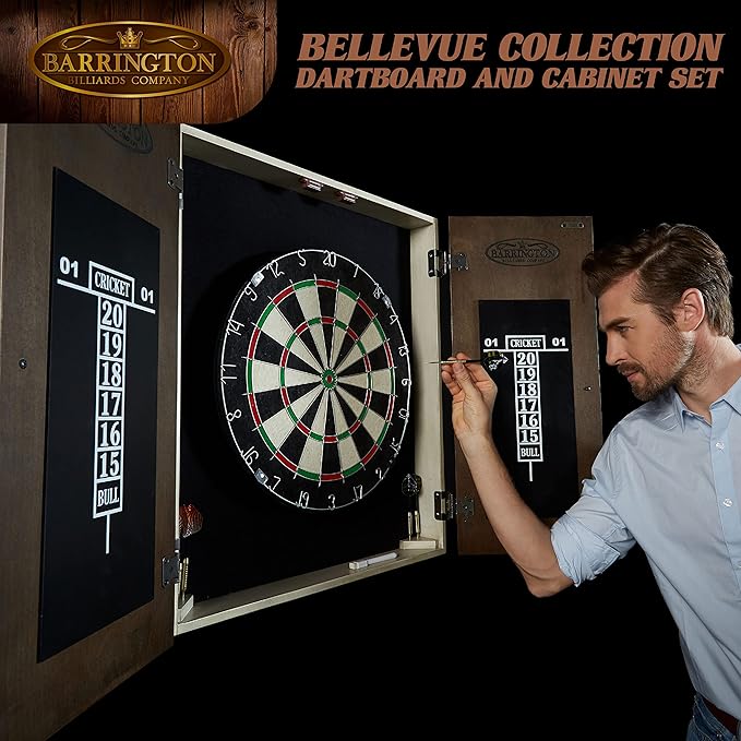 Barrington Dartboard Multiple Styles Pre-Assembled Wood Dartboard Cabinet Collection with 18” Bristle Dartboard & Steel Tip Dart Set, Perfect for Cricket Games