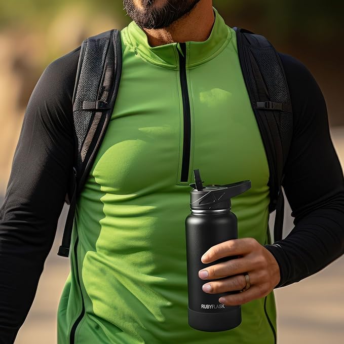 64oz Insulated Water Bottle with Straw, Half Gallon Stainless Steel Vacuum Water Jug, Large Thermal Water Bottle Flask with Leakproof 3 Lids for Travel, Camping, Gym Sports Indigo Black