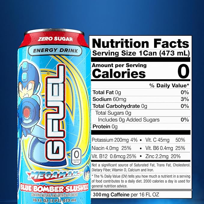 G Fuel Energy Drink, Blue Raspberry, Sugar Free Beverage with 300mg Caffeine, Daily Energy Boost with Focus Amino, Vitamin + Antioxidants, 16 oz Cans (Megaman Blue Bomber, 12-Pack)