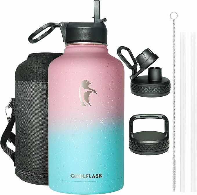 64 oz Water Bottle Insulated with Straw&3 Lids, Coolflask Half Gallon Water Jug Galaxy Large Metal Stainless Steel Vacuum flask for Gym, Sports and Travel, Keep Cold 48H Hot 24H, Blooming Cherry