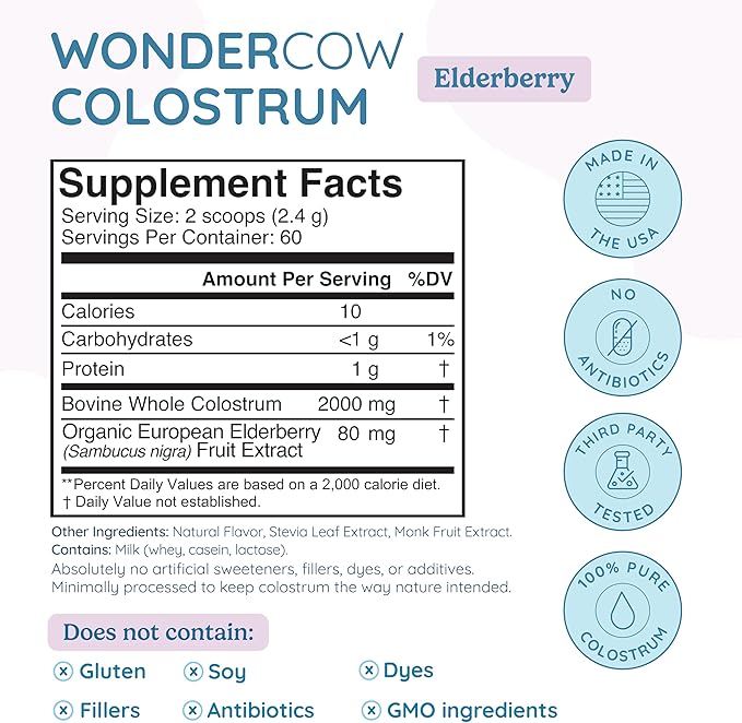Colostrum Supplement Powder for Gut Health, Immune Support, Muscle Recovery & Wellness | Natural IgG Pure Whole Bovine Colostrum Superfood, Elderberry, 60 Servings