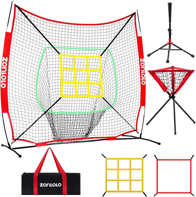 6x6ft Portable Baseball & Softball Net for Hitting,Pitching and Throwing, with Sturdy Bow Frame,Battting Tee,Ball Caddy and 2 Strike Zones, Perfect Pitching net for Kids!