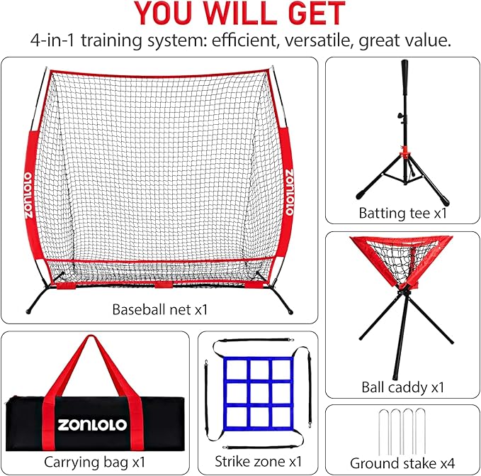 6x6ft Portable Baseball & Softball Net for Hitting,Pitching, Batting and Throwing, with Sturdy Bow Frame,Batting Tee, Ball Caddy and Strike Zone, Middel Size, Great for Kids!