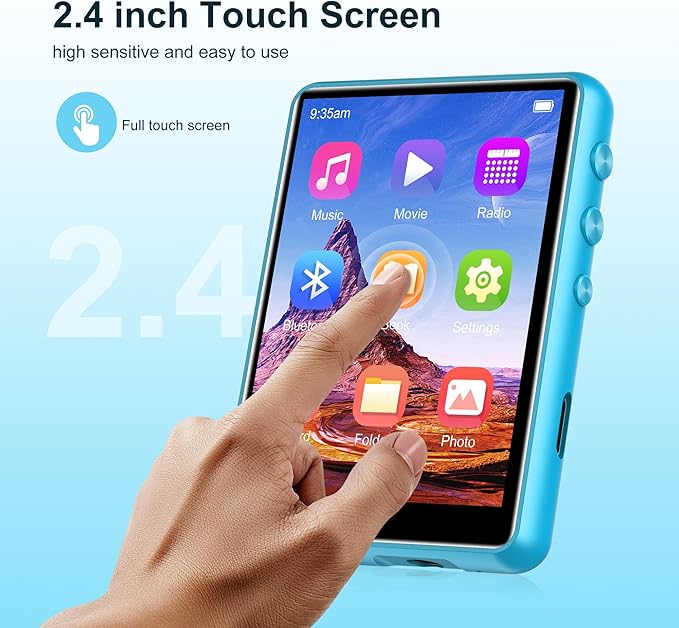 64GB Mp3 Player with Bluetooth 5.3 Blue, SWOFY M4 Music Player with 2.4" Touch Screen, HD Speaker FM Radio, Recording Support up 128GB