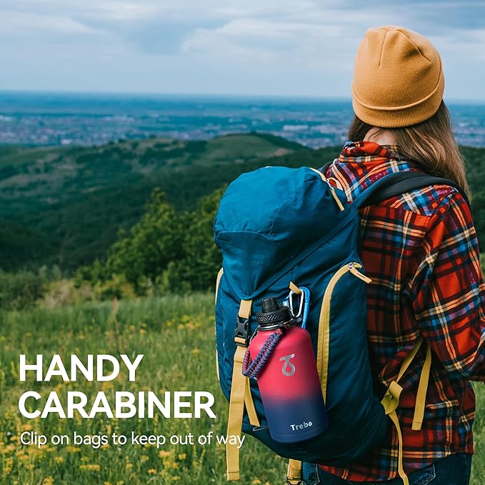 Trebo Insulated Water Bottle 64 oz, Half Gallon Metal Vacuum Water Jug with Paracord Handle and 3 Lids, Leakproof BPA-Free Flask for Gym Sports Hiking Travel, Keep Cold 48 Hours, Ruby Red