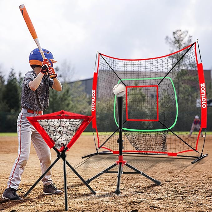 6x6ft Portable Baseball & Softball Net for Hitting,Pitching and Throwing, with Sturdy Bow Frame,Battting Tee,Ball Caddy and 2 Strike Zones, Perfect Pitching net for Kids!