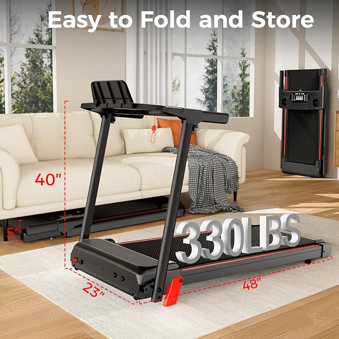 Treadmill with 5% Incline, Walking Pad Treadmill with Handle Bar, Portable Folding Treadmills for Running and Walking, 3.0HP Brushless Motorized, 5 Layers Shock-Absorbing