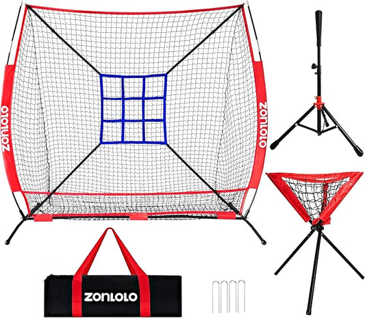6x6ft Portable Baseball & Softball Net for Hitting,Pitching, Batting and Throwing, with Sturdy Bow Frame,Batting Tee, Ball Caddy and Strike Zone, Middel Size, Great for Kids!