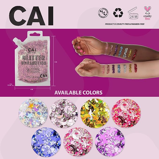 Hair Glitter Gel – Body Glitter for Kids and Women – Iridescent Holograph Cosmetic-Grade Gel w/Moon & Stars for Hair, Body & Face, Applies Smoothly w/o Glue & Washes Off Easily, 3 Oz - Red 2Pack