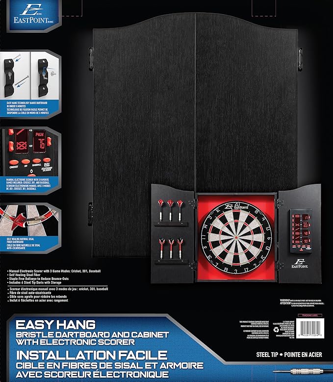 EastPoint Sports Tournament Bristle Dartboard and Easy Hang Cabinet with Electronic Scoreboard and 6 Steel Tip Darts