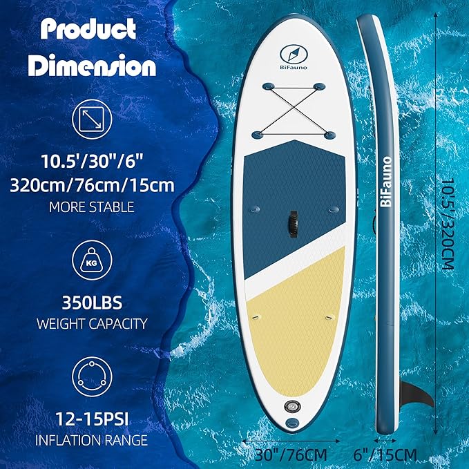 Inflatable Stand Up Paddle Board with SUP Accessories & Backpack. Paddle Boards for Adults. Non-Slip Deck, Wide Stance, Bottom Fin, Double Action Pump.