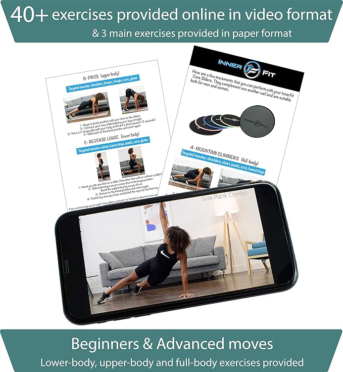 InnerFit Core Sliders for Working Out - Set of 2 Dual Sided Exercise Sliders Fitness Discs - Durable Strength Slides Suitable for Carpets and Hardwood Floors