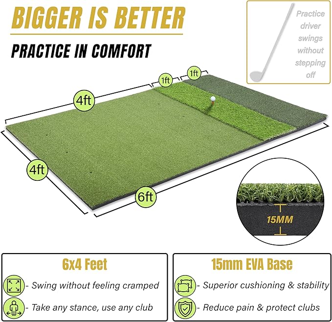 6x4ft Extra Large & 5x4ft Extra Thick Premium Golf Mat | Golf Mats Practice Indoor, Outdoor, or with Simulator/Net | Durable Golf Hitting Mat with Tees