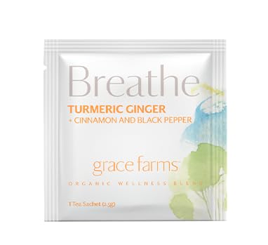 Grace Farms BREATHE Wellness Organic Tea Blend (100 Enveloped Pyramid Sachets w/ String & Tag) | Turmeric and Ginger with Adaptogenic Herbs | Immunity Support | Caffeine Free | Gives Back 100% of Profits
