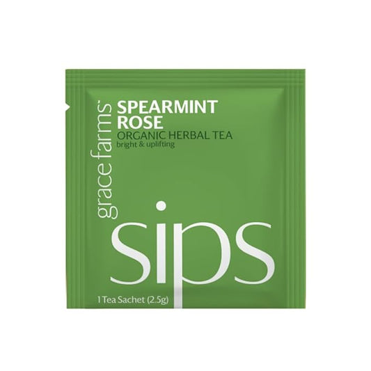 Grace Farms Organic SPEARMINT ROSE Herbal Tea (100 Enveloped Pyramid Sachets w/ String & Tag) | Naturally Sweet, Stress Relieving and Caffeine Free | Organic, Fair Trade and Kosher Certified | Delicious Iced Tea | Gives Back 100% of Profits
