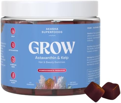 Grow Hair & Beauty Gummies, Supplement with Zinc, Vitamin E, Astaxanthin, Kelp, & Pumpkin Seed, Plant Based Gummies for Women & Men, Gluten Free, Vegan, American Made, 60 Count