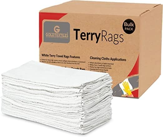 GOLD TEXTILES White Shop Towels Cotton [B Grade Towel] - 60 Pcs 20x40 Inches Shop Rags in a Box - Valuable Cleaning Rags Terry Towel for Industries, Automobiles and Commercial Use (60 Rags)