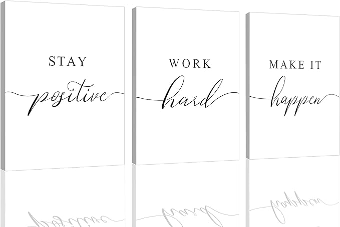 Framed Canvas Wall Art Work Quote, Office Wall Art Decor, Stay positive work hard make it happen, gift for father, boss gift, Inspirational Prints, Motivaional Wall Art (G-3pcs,16x24inchx3pcs)