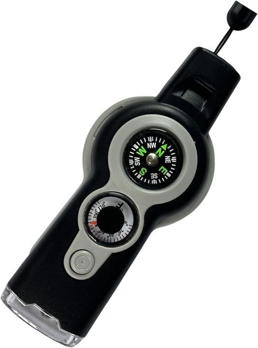 7 in 1 Emergency Survival Whistle with Compass, Outdoor Multi-Functional Hiking Safety Tool with Lanyard