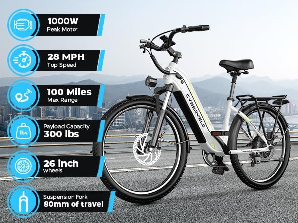 DriftGod 26" Electric Bike for Adults – Powerful 1000W Motor, 48V Removable Battery, 7-Speed, Front Suspension & LCD Display – Commuter and Mountain EBike for Women