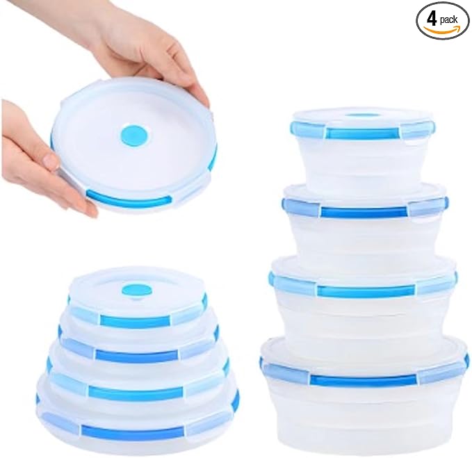Collapsible Silicone Food Storage Containers, BPA Free, Microwave, Freezer and Dishwasher Safe, Lunch, Meal Prep, Travel, Space-Saving