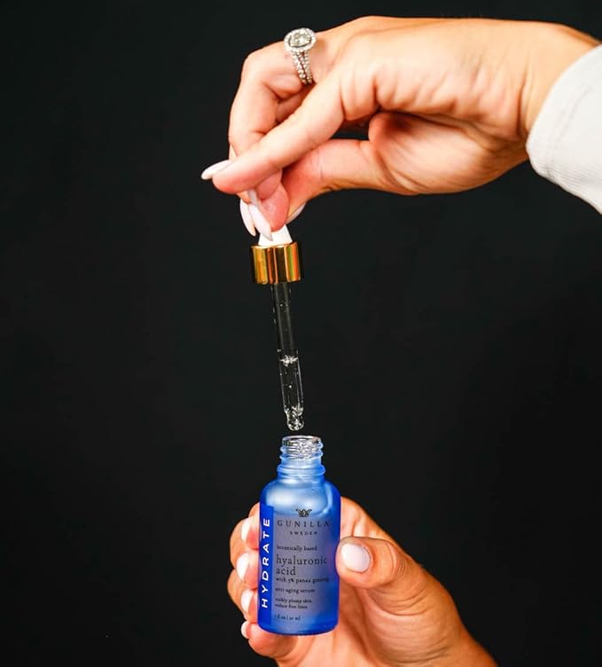 GUNILLA Hyaluronic Acid & Ginseng Serum: Vegan. Plant-Based Anti-Aging Serum, Plumping, Firming & Hydrating, Reduce the Appearance of Wrinkles. 14 Actives & Herbals. Natural. Oil-Free. 1 oz