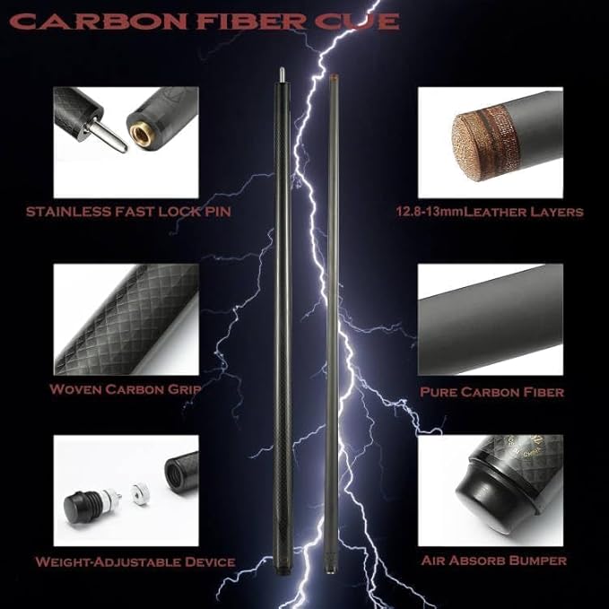 CROWN ME Carbon Fiber Pool Cue Stick 12.8mm Tip Billiard Carbon Fiber cue, 58" Pool Table Sticks, Weight Adjustable Design -18OZ,18.4OZ,19OZ,20OZ