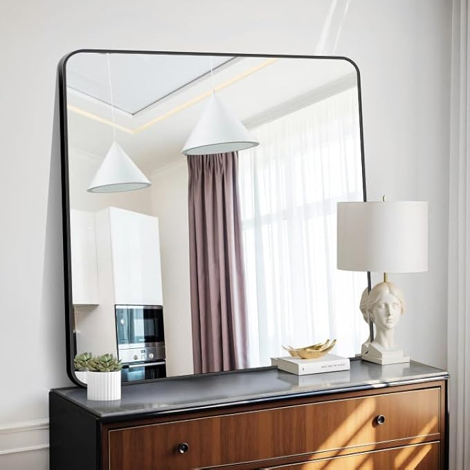 FORBATH Bathroom Mirror 42x42 Inch, Large Square Vanity Mirror with Black Aluminum Frame Rounded Corner, Wall Mounted Mirror for Bathroom Bedroom Entryway Living Room Home Decoration
