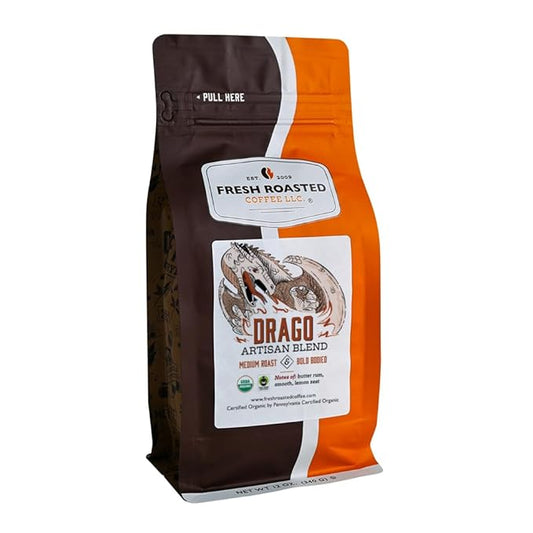Fresh Roasted Coffee, Organic Drago Café Blend | USDA Organic, Kosher | Medium Roast 12 oz Whole Bean