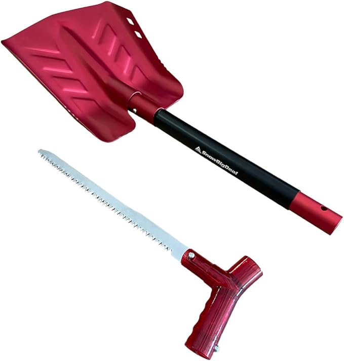 Emergency Snow Shovel with Saw - Converts from Dig to Chop/Hoe Mode Portable for Snowmobiles, Skiing, Backcountry, Avalanche Rescue Winter Survival Gear Car, Camping T6 Aluminum, Red