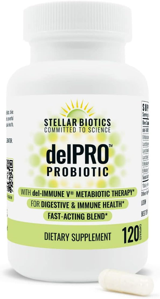 Del-Immune V® + Delpro Probiotic & Prebiotic Blend by Stellar Biotics - Promotes Optimal Gut Health, Digestion, Immune Support & Mood (120 Capsules)
