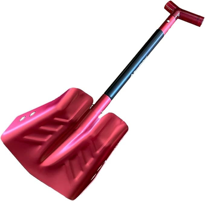 Emergency Snow Shovel with Saw - Converts from Dig to Chop/Hoe Mode Portable for Snowmobiles, Skiing, Backcountry, Avalanche Rescue Winter Survival Gear Car, Camping T6 Aluminum, Red