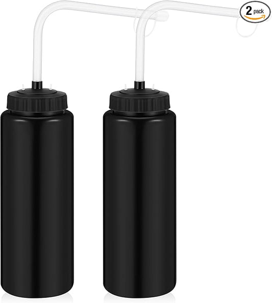 Domensi 2 Pack 1 Liter Sports Water Bottle with Long Straw Hockey Lacrosse 34 Oz Water Bottle Easy Squeeze Plastic Use with Sport Helmet in Football Baseball(Black,No Printed)