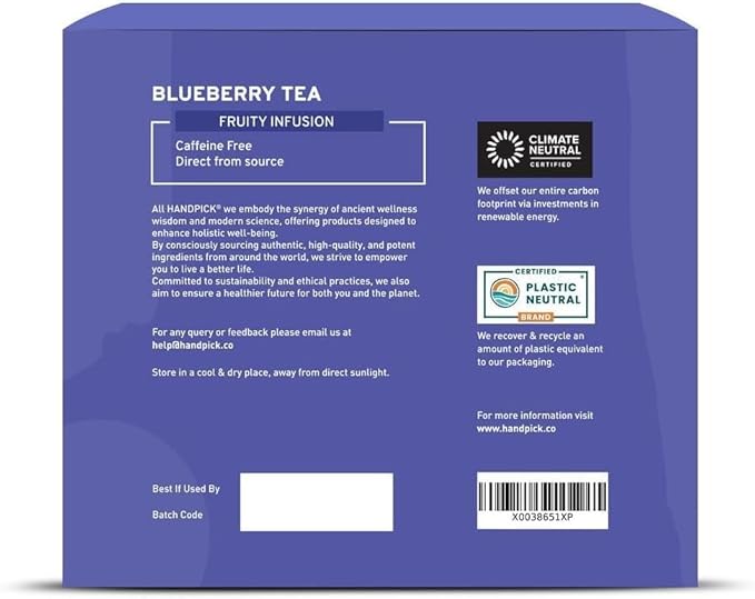 HANDPICK, Wild Blueberry Tea Bags (100 Count), True Premium Blueberry Herbal Tea with Hibiscus, Rose & Licorice | Brew Iced/Hot Tea