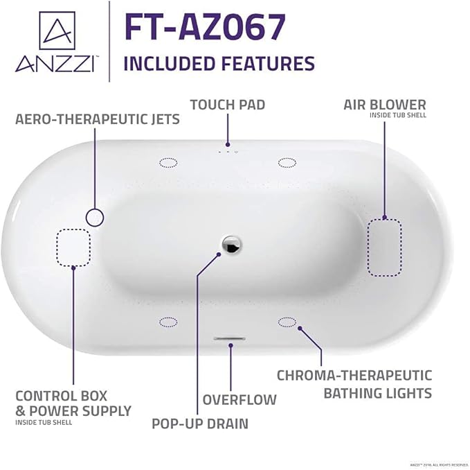 ANZZI 67" Freestanding Air Jetted Whirlpool Bathtub - White Acrylic Soaking Tub with LED Lights & Touch Controls | FT-AZ067