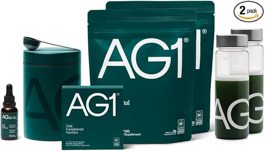 AG1 Greens Powder Supplement | Improve Gut Health | Multivitamin, Probiotic, Gluten Free, Vegan and Keto Friendly | 75 Vitamins (Athletic Greens) - Family Value Kit, Classic Formula