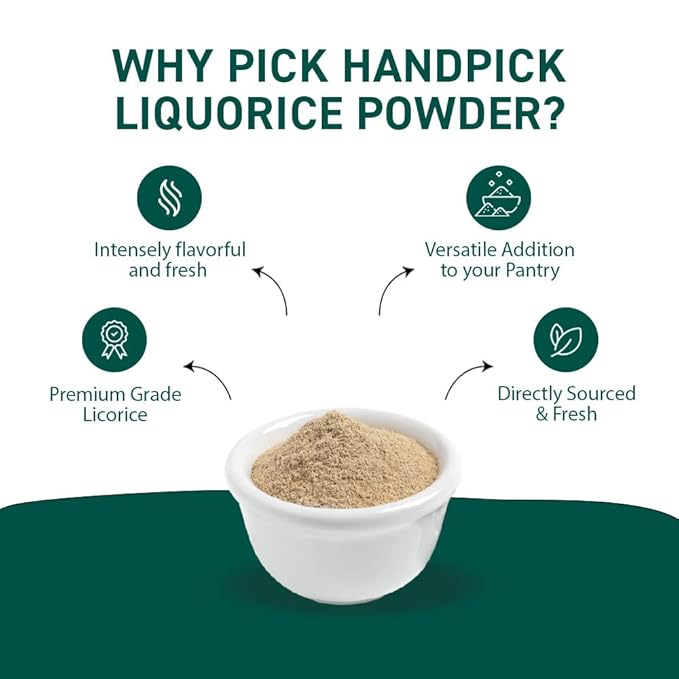 HANDPICK Licorice Root Powder (226g/8oz) Non GMO, Gluten Free, 100% Raw Ground Mulethi, Sourced from India, Glycyrrhiza Glabra, Packed in Resealable Ziplock Pouch
