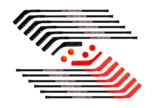 Cosom Senior Hockey Sticks for Floor Hockey and Street Hockey, 47" Standard Shaft, 20 Pieces Set with 12 Plastic Sticks, 2 Goalie Sticks, 3 Pucks and 3 Balls