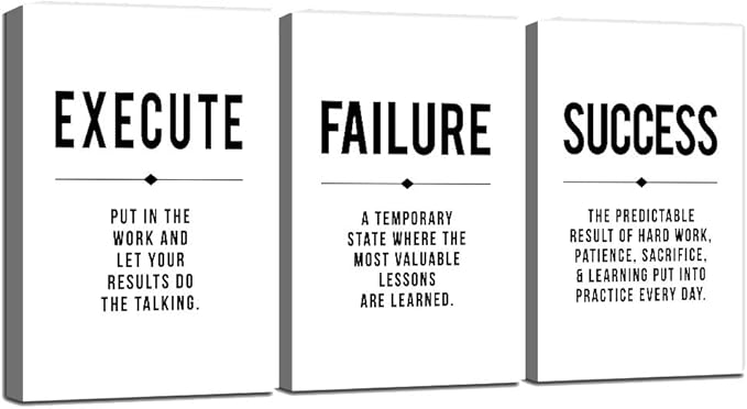 Framed Canvas Wall Art Success Quote, Office Wall Art, Black Large Poster, Positive Motivational Set of 3 Prints, Execute Failure Definition, Inspirational Print (D-3pcs,20x30inchx3pcs)