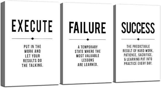 Framed Canvas Wall Art Success Quote, Office Wall Art, Black Large Poster, Positive Motivational Set of 3 Prints, Execute Failure Success Poster, Inspirational Print (D-3pcs,16x24inchx3pcs)