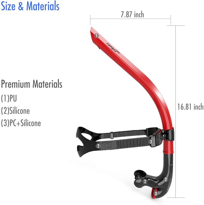 COPOZZ Swim Snorkel for Lap Swimming Swimmers Training Snorkeling Diving, Center Mount Comfortable Silicone Mouthpiece One-Way Purge Valve