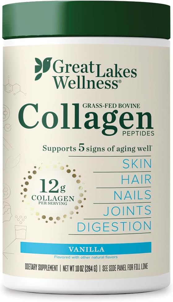 Great Lakes Wellness Collagen Peptides Powder for Skin, Hair, Nails, Joints & Digestion - Vanilla Flavored - Quick Dissolve Hydrolyzed, Non-GMO, Kosher - 10 oz