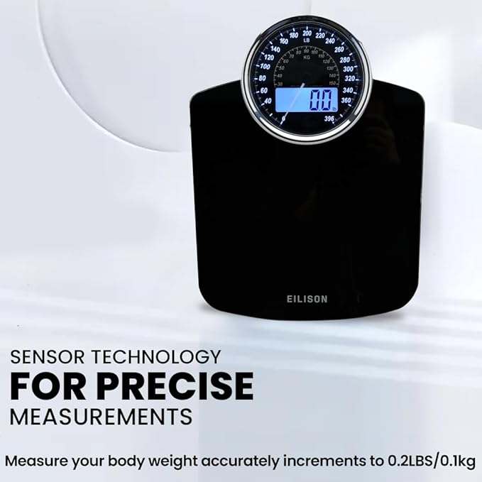 EILISON Highly Advance 2-in-1 Digital & Analog Weighing Scale for Body Weight-400lbs, 4 High Precison GX Sensor Accurate, Thick Tempered Glass, Extra Large Display (Black)