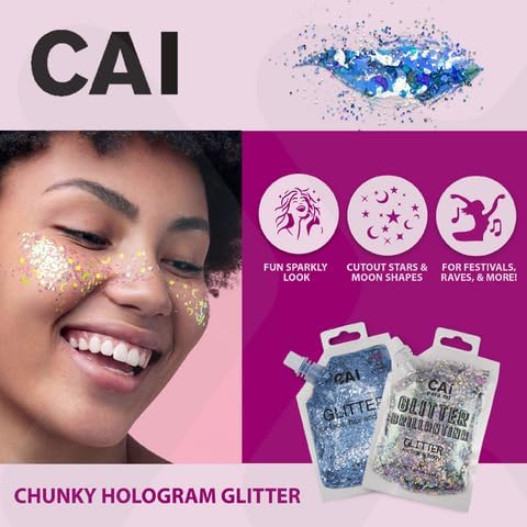 Hair Glitter Gel – Body Glitter for Kids and Women – Iridescent Holograph Cosmetic-Grade Gel w/Moon & Stars for Hair, Body & Face, Applies Smoothly w/o Glue & Washes Off Easily, 3 Oz - Silver 1Pack