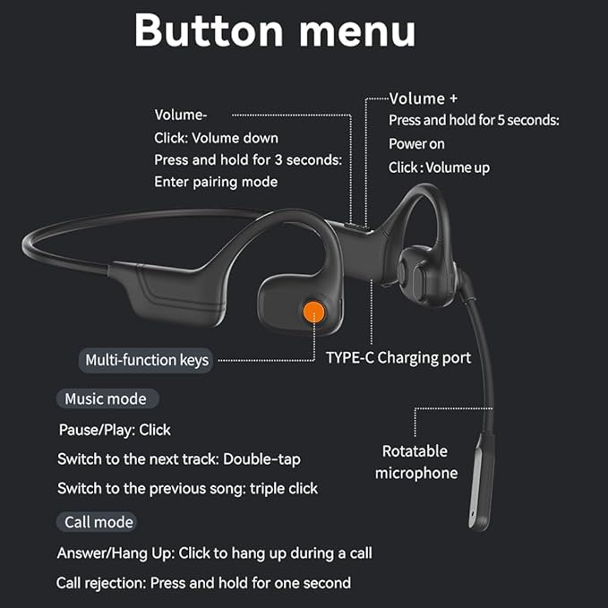 IHAO Open Ear Air Conduction Bluetooth Headphone Dual Mic Rotatable Boom Mic Active Noise Cancellation IPX5 Waterproof Bluetooth 5.4 Pain-Free Design for Sports Work Outdoor Activities-DG09 Black