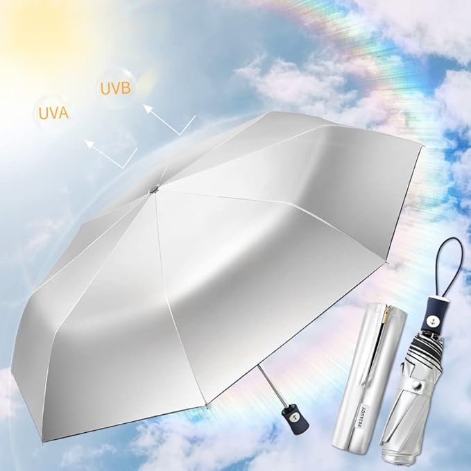 FDJASGY Silver Coating Layer Fabric Blocking UV 99.9% Sun Umbrella Compact Folding Travel Umbrella Automatic Folding Windproof Umbrellas For Men and Women (Black)