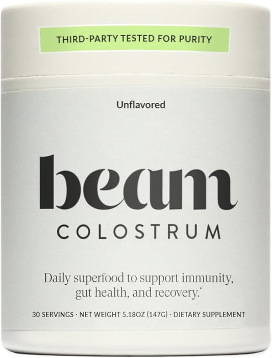 Beam Colostrum Powder – Gut Health, Immune Support & Recovery Supplement – 3g per Serving – Grass-Fed, Third-Party Tested, Pure Whole Bovine Colostrum – No Fillers, Non-GMO, 30 Servings